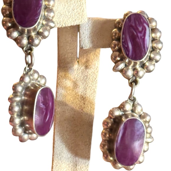Taxco artisan sterling 925 Elegant Purple Stone Drop CLIP on Earrings - Picture 7 of 7